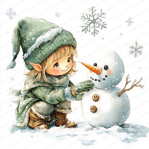 Puede incluir: Ilustración en acuarela de un niño elfo construyendo un muñeco de nieve. El elfo lleva un gorro, abrigo, bufanda y guantes verdes. El muñeco de nieve tiene una nariz de zanahoria, brazos de ramitas y ojos y botones de botón. Caen copos de nieve.