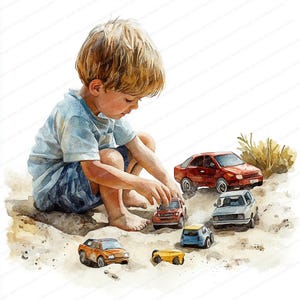 21 Sandbox Car Play-clipart | Jongen speelt met speelgoedautootjes | Afdrukbare aquarel clipart | Hoge kwaliteit JPG's | Papierkunst | Junkjournaal