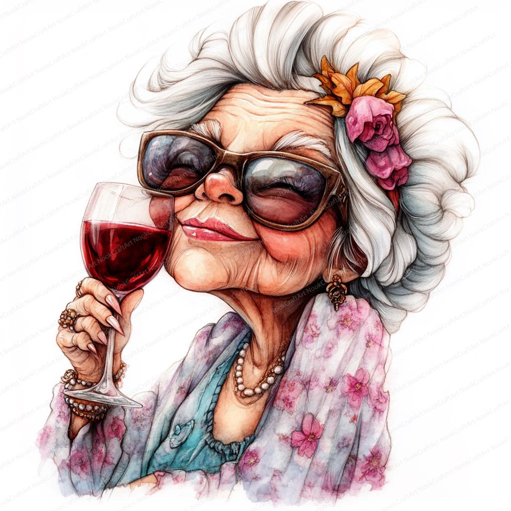 Senior Woman Drinking Red Wine Grandma Clipart | 16 High Quality Jpgs ...