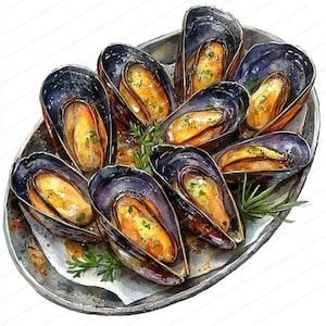 20 Clipart di cozze, aglio ed erbe aromatiche / Deliziosa arte digitale di frutti di mare / Clipart di acquerelli stampabili / JPG di alta qualità / Artigianato di carta / diario
