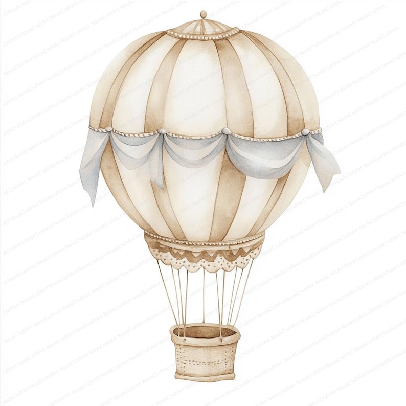 Op de afbeelding: Een aquarel-illustratie van een beige en wit gestreepte luchtballon met een mand en een witte kantversiering. De ballon heeft een lichtblauwe stoffen rand aan de bovenkant.