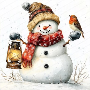 15 Vintage Christmas Snowman Clipart | Retro Cute Snowman Watercolor Designs | Printable High-Quality JPGs | Papercraft & Junk Journal