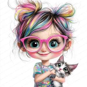 May include: A cartoon illustration of a girl with rainbow hair wearing pink glasses and holding a black and white kitten.