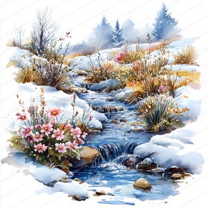 21 bevroren stroom smeltende sneeuw clipart | Serene winterdooiillustratie | Afdrukbare aquarel clipart | Hoge kwaliteit JPG's | Junkjournaal