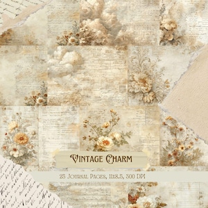 Op de afbeelding: Een collage van vintage-stijl journaalpagina's met bloemen- en wolkenaccenten. De pagina's bevatten handgeschreven tekst, verouderde papiertexturen en de tekst "VINTAGE CHARM" op een banner. De journaalpagina's zijn 27,9 x 21,6 cm en 300 DPI.