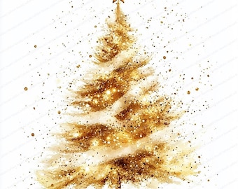 May include: A watercolour illustration of a Christmas tree. The tree is gold with a star on top, and is covered in gold glitter. The background is white.