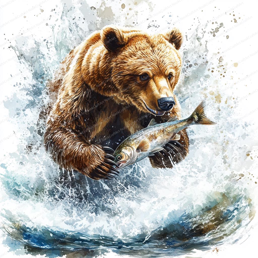 15 クマ釣りクリップアート | 野生動物のイラスト | 印刷可能な水彩