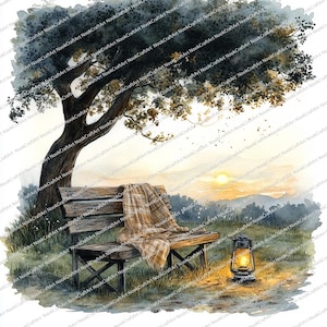 Puede incluir: Pintura a la acuarela de una escena de parque al atardecer. Un banco de madera con una manta a cuadros se encuentra debajo de un gran árbol. Una linterna encendida está en el suelo. El cielo es una mezcla de naranja y amarillo.