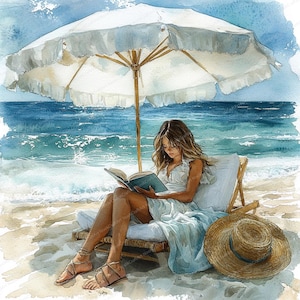 May include: Watercolour painting of a person reading a book on a beach. A white parasol provides shade. The person wears a white dress and sandals. A straw hat rests on the sand. The ocean is in the background, with waves breaking.