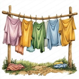 16 Clipart di vestiti stesi / Clipart acquerello stampabile / JPG di alta qualità / Download digitale / Carta artigianale / Diario di scarto