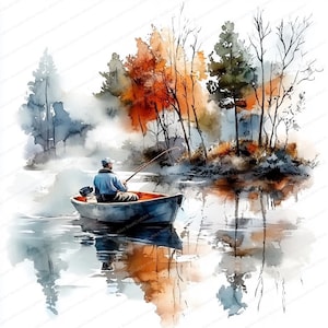 Paquete de 18 imágenes prediseñadas de hombre pescando / Imágenes prediseñadas de paisaje de pesca en barco / JPG de alta calidad / Descarga digital / Manualidades de papel / Diario basura