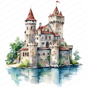 14 Kasteel op water-clipart | Afdrukbare aquarel clipart | Hoge kwaliteit JPG's | Digitale download | Papiermodellen | Junkjournaal