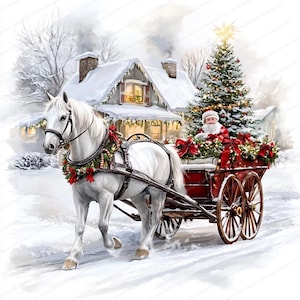 14 Weihnachten Pferd und Wagen Clipart | Winter-Weihnachtsszene | Druckbare Aquarell Clipart | Hochwertige JPGs | Papiermodelle | Zeitschrift