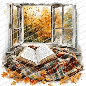 Puede incluir: Pintura a la acuarela de una ventana abierta con vistas a una vibrante escena otoñal. Un libro abierto descansa sobre una manta a cuadros, rodeado de hojas caídas. El marco de la ventana es blanco y la manta presenta tonos de naranja, marrón y verde.