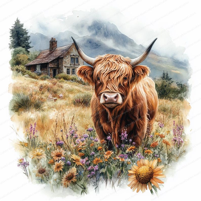 May include: A brown Highland cow with long, shaggy fur stands in a field of wildflowers. The cow is looking directly at the camera. The background features a stone cottage and rolling hills.