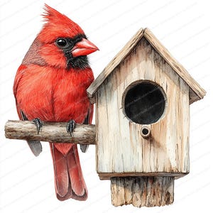 20 kardinaalvogelclipart bij Birdhouse | Op de natuur geïnspireerde digitale illustratie | Afdrukbare aquarel clipart | Hoge kwaliteit JPG's | dagboek