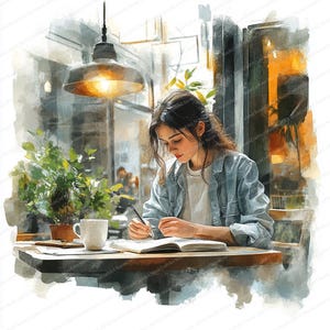 Puede incluir: Pintura a la acuarela de una persona escribiendo en un cuaderno en una mesa de café. La persona lleva una camisa vaquera y una camiseta blanca. Una taza blanca y una planta en maceta están sobre la mesa. Una luz cálida cuelga encima.