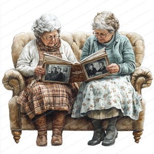 May include: Two women sit on a couch and look at a photo album together. The album is open to a page with a black and white photo of three people. The women are wearing casual clothing and have gray hair. The couch is brown leather with a tufted back.