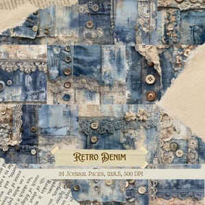 Kit de diario de tela vaquera con hojas de collage de patchwork, efímeras vintage shabby chic, papel digital con encaje y mezcla de textiles para imprimir en álbumes de recortes.