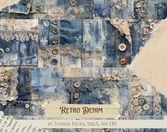 Denim Junk Journal Kit with Patchwork Collage Sheets | Shabby Chic Vintage Ephemera | Textile Mix Lace Digital Paper Scrapbook Printables