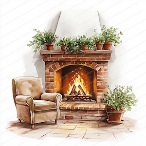 20 Cozy Fireplace Clipart | Watercolor Christmas Fireplace Images | Printable JPGs | Instant Download | Commercial Use | Paper Craft Designs