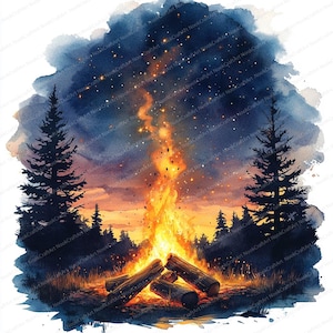 Pode incluir: Pintura em aquarela de uma cena de fogueira sob um céu estrelado. A obra apresenta uma fogueira laranja brilhante com toras em primeiro plano, árvores em silhueta e um céu azul escuro e laranja. O texto "Nook Craft Art" é visível.