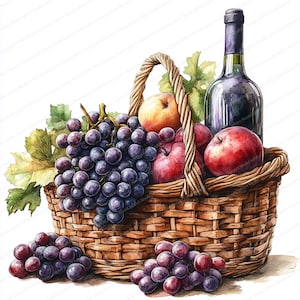 20 cestas de frutas con vino, imágenes prediseñadas, diseño perfecto para celebraciones, imágenes prediseñadas de acuarela imprimibles, archivos JPG de alta calidad, manualidades de papel