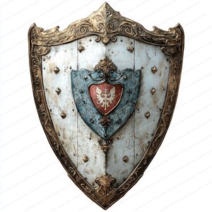 May include: A large, ornate, medieval-style shield with a gold trim and a blue and red crest in the center. The shield is made of metal and has a distressed, aged look.