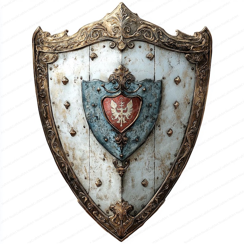 May include: A large, ornate, medieval-style shield with a gold trim and a blue and red crest in the center. The shield is made of metal and has a distressed, aged look.