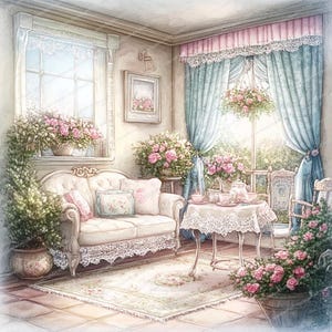 Imágenes prediseñadas de sala de estar vintage shabby chic / 14 archivos JPG de alta calidad / Imágenes prediseñadas de acuarela imprimibles / Descarga digital / Manualidades de papel / Diario