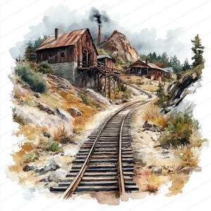 21 Imágenes prediseñadas de un pueblo minero abandonado / Arte de un asentamiento inquietante en la ladera / Imágenes prediseñadas de acuarela imprimibles / JPG de alta calidad / Manualidades de papel
