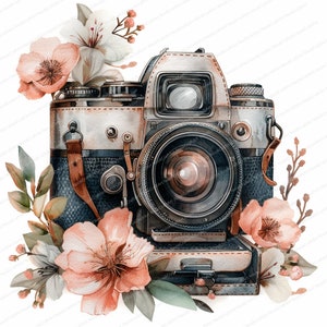 12 Vintage Floral Camera Clipart | Old Camera | Printable Watercolor clipart | High Quality JPGs | Digital download | Paper craft | journal