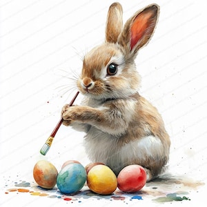 20 imágenes prediseñadas de conejo de Pascua para pintar / Conejo decorando huevos navideños / Imágenes prediseñadas de acuarela imprimibles / JPG de alta calidad / Manualidades de papel