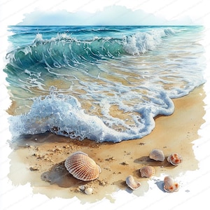 20 coquillages et vagues Clipart | Illustrations de plage côtière | Clipart aquarelle imprimable | JPG de haute qualité | Créations en papier | Journal indésirable