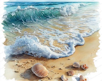20 Seashells and Waves Clipart | Coastal Beach Illustrations | Printable Watercolor clipart | High Quality JPGs | Paper craft | Junk journal