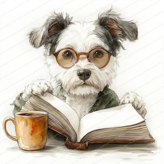 19 メガネをかけた読書中の犬のクリップアート | かわいい本の虫の