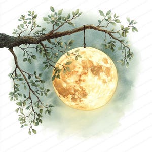 17 manen hangend aan boom clipart | Illustratie betoverde lantaarn | Afdrukbare aquarel clipart | Hoge kwaliteit JPG's | Papierkunst | dagboek