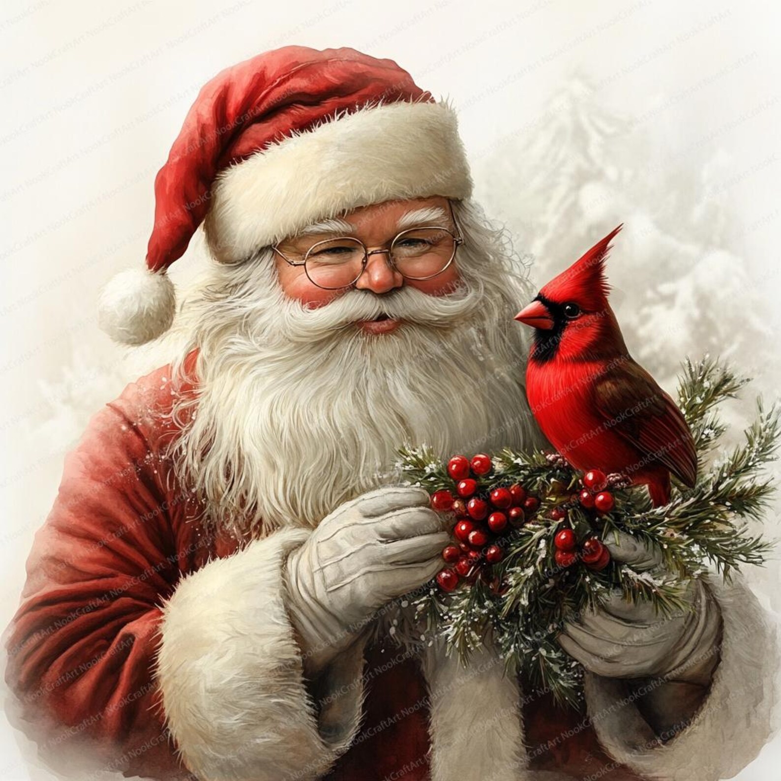 14 Vintage Santa With Cardinal Clipart | Printable Watercolor Clipart ...
