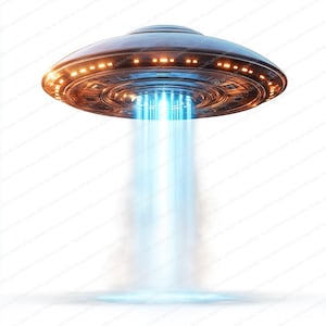 以下が含まれることがあります： メタリックグレーと銅色のUFOで、縁にオレンジ色の光が輝いています。明るい青色の光線が宇宙船の下部から発せられ、未来的で異世界のシーンを作り出しています。