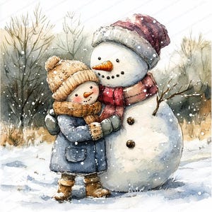 Snowman Mom and Baby Clipart Set: Winter Watercolor Illustration (JPGs, 4096x4096 px)