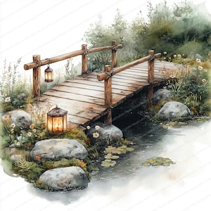 May include: Watercolor painting of a wooden bridge over a stream. The bridge has a rustic design with wooden planks and railings. Two lanterns hang from the bridge, and the scene is surrounded by greenery, rocks, and flowers. The overall color palette is soft and natural.