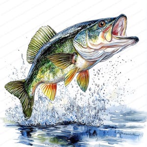 14 Jumping Bass Clipart | Fisch Clipart | Bass Fisch Clipart | Hochwertige JPGs | Digitaler Download | Papiermodell | Junk Journal