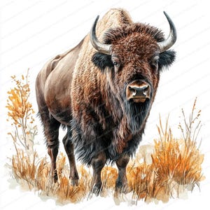 Puede incluir: Una pintura de acuarela de un bisonte marrón con grandes cuernos de pie en un campo de hierba alta. El bisonte está mirando directamente al espectador con una expresión seria.