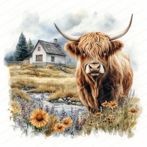 May include: A watercolor painting of a Highland cow standing in a field of wildflowers. The cow is brown and white with long, shaggy hair. The background features a small white cottage and a stream.
