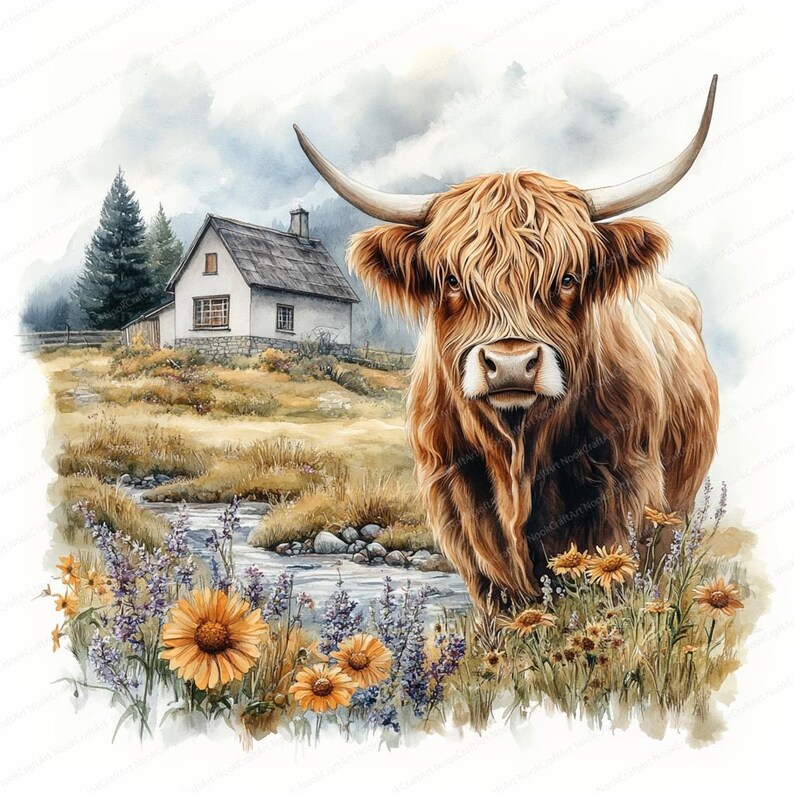 May include: A watercolor painting of a Highland cow standing in a field of wildflowers. The cow is brown and white with long, shaggy hair. The background features a small white cottage and a stream.