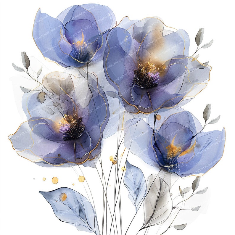 13 Abstract Flowers Clipart Purple Flowers Printable Watercolor Clipart ...