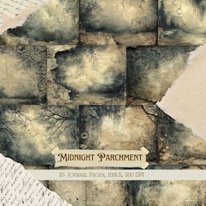 May include: A collection of 23 journal pages with a vintage aesthetic. The pages feature a dark, moody color palette with images of trees, clouds, and ornate designs. The text "Midnight Parchment" is displayed on a banner, with additional text indicating the page dimensions and resolution.