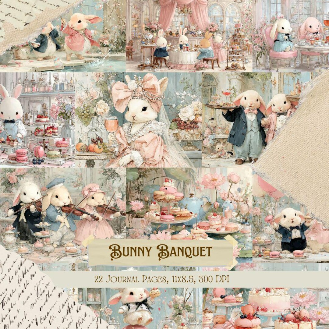 Bunny Banquet Junk Journal Kit | Cute Rabbit Tea Party Collage Sheets ...