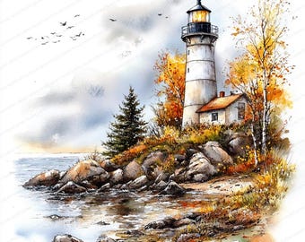 May include: A white lighthouse with a yellow light on top stands on a rocky shore with fall foliage. The lighthouse is surrounded by trees and rocks, and the water is calm and reflective.
