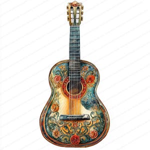 18 Clipart di chitarra intricata / Design artistico di lavorazione del legno / Clipart di acquerello stampabile / JPG di alta qualità / Artigianato di carta / Diario di spazzatura